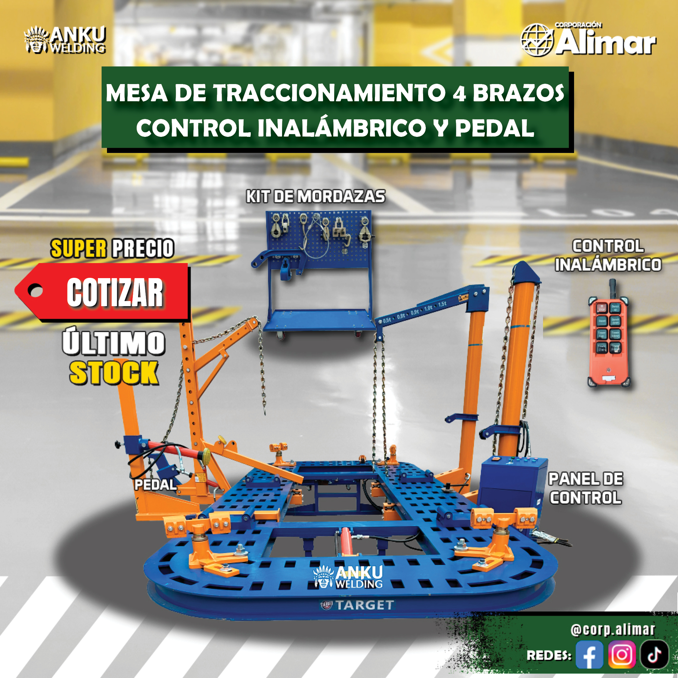 MESA DE TRACIONAMIENTO DE 4 BRAZOS CON CONTROL Y PEDAL